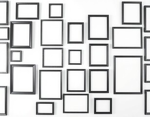 a white wall with multiple empty black picture frames of various sizes arranged in a symmetrical pattern.