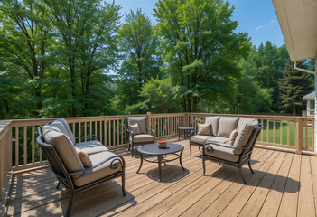 Fototapeta premium Outdoor Furniture on Wooden Deck – Mid-Range View