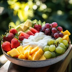 a platter of fresh fruit with yogurt.