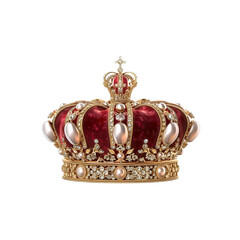 3D illustration of a golden royal crown with red velvet and pear