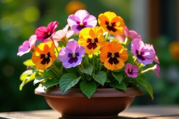 Vibrant Pansy Blooms in a Terracotta Pot, Basking in the Warm Sunlight of a Serene Garden Setting