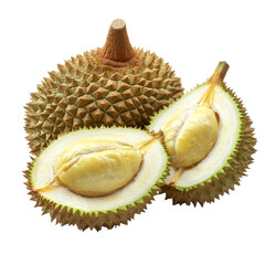 Obraz premium Fresh durian fruit cut open to reveal creamy flesh against a clean transparent background in a natural setting, durian fruit isolated on transparent background