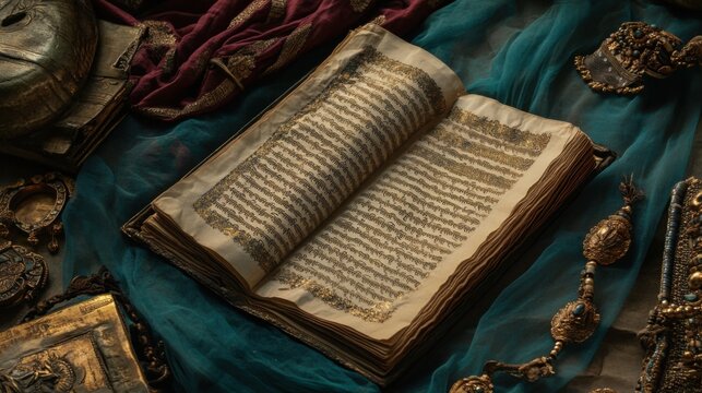 A sacred Vedas manuscript resting on a silk cloth surrounded by ancient ornaments.