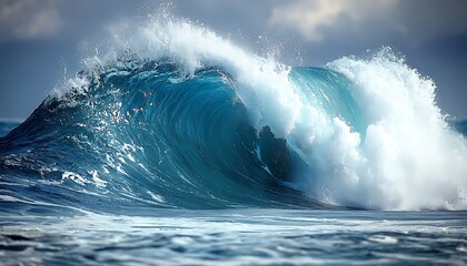 Ocean wave crashing, sunlight, blue water