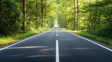 Road leads through forest tunnel, transportation concept, nature scenery background