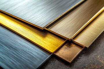 Close up photo showing various brushed metal material samples