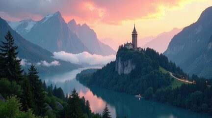 Fototapeta premium Serene Sunset Vista Majestic Castle Perched on a Mountaintop Overlooking a Tranquil Lake, Surrounded by Verdant Forests and Dramatic Mountain Ranges