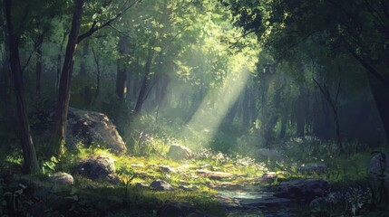 Obraz premium A tranquil forest scene with sunlight breaking through the trees, evoking nature spirituality.