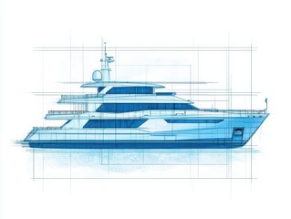 Naklejka premium Crosssectional technical sketch of a multideck futuristic yacht, showing engine rooms and luxury interiors