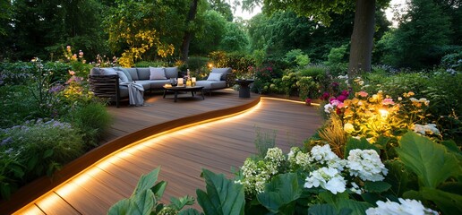 Relaxing on deck in garden with outdoor furniture, blooming flowers around