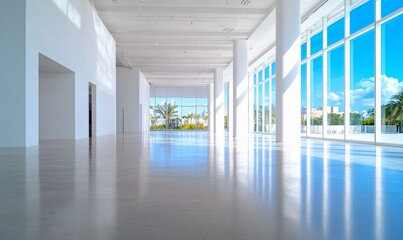 Empty venue by windows, daylight on polished floor for events and exhibitions