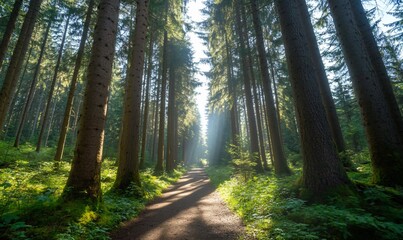Obraz premium Forest path with sunbeams shining through tall trees on a sunny day for tourism