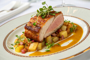 Crispy Skinned Suckling Pig Served on Delicate Plate with Garnish and Accompaniments