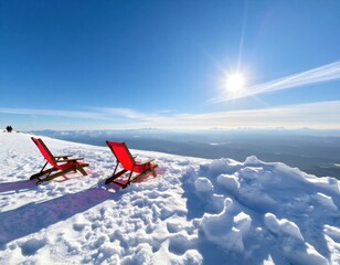 an image featuring red lounge chairs on a snowy hill, with the sun shining and mountains visible in the distance..
