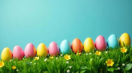 Pastel-colored eggs nestled in vibrant spring grass against a serene aqua backdrop, a cheerful symbol of springtime renewal and festive joy