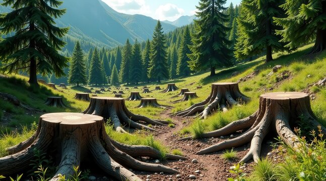 A Serene Mountain Valley Landscape Showing the Aftermath of Selective Logging, Revealing the Exposed Root Systems of Numerous Recently Felled Evergreen Trees on a Gently Sloping Hillside