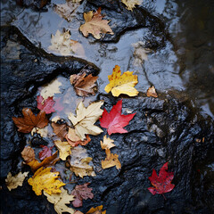 Autumn Leaves in Stream, Nature Photography isolated on transparent background