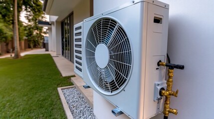 Outdoor AC unit installation by a house for climate control in summer season