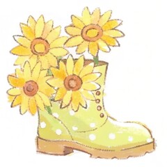 a green boot with a creative twist. The boot, appearing to be made of a textured, natural material, has a brown wooden sole.