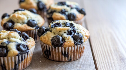 Freshly baked blueberry muffins with a golden brown crust, infused with melted blueberries, placed on a light wooden table, creating a delicious and appetizing homemade baked goods scene. 
