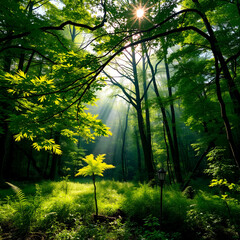 Obraz premium Tranquil Scene Of A Lush Forest With Sunlight Filtering Through The Canopy, Creating A Serene And Rejuvenating Atmosphere.