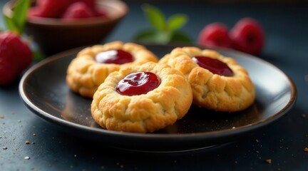 Delightful Jam-Filled Butter Cookies on Dark Plate with Fresh Raspberries