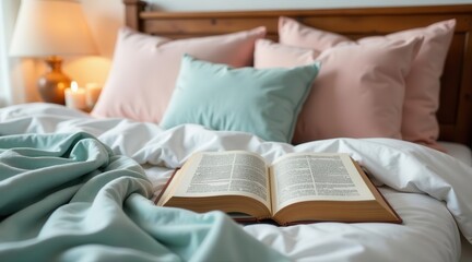 Peaceful morning ambiance a book rests on a neatly made bed with soft pillows and a light teal blanket, inviting relaxation and quiet contemplation.