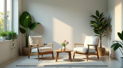 Serene Minimalist Living Room Interior Design with Wooden Armchairs and Lush Greenery
