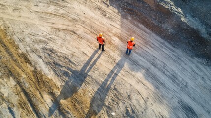 Aerial shot of architects and engineers measuring site boundaries with GPS devices.