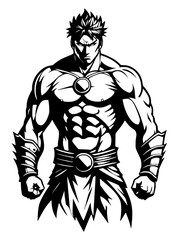 a black and white illustration of a male warrior