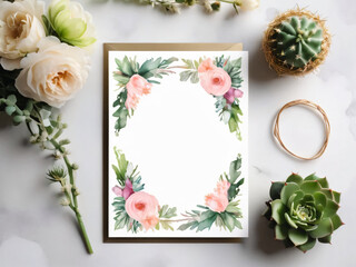 Beautiful cactus wedding invite featuring delicate flowers.