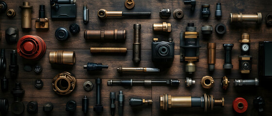 Fototapeta premium Industrial parts arranged on wood