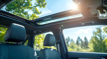 Sunlight Streams Through Open Panoramic Sunroof Inside Modern Car with Gray Leather Seats Surrounded By Lush Green Trees on Clear Summer Day