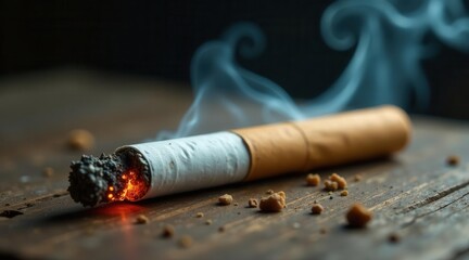 Close-up of a smoldering cigarette resting on a rustic wooden surface, emitting wisps of smoke