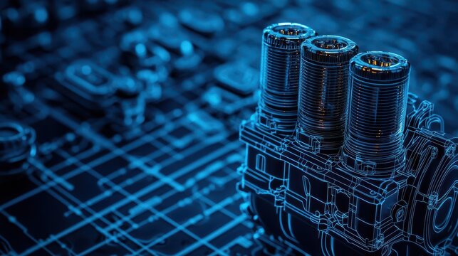 Blueprint of a hybrid engine with hydrogen fuel cell integration, combining renewable energy with combustion