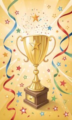 Golden cup surrounded by ribbons and stars on a bright background.