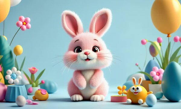 Adorable Pink Cartoon Bunny Surrounded by Pastel Easter Eggs and Balloons