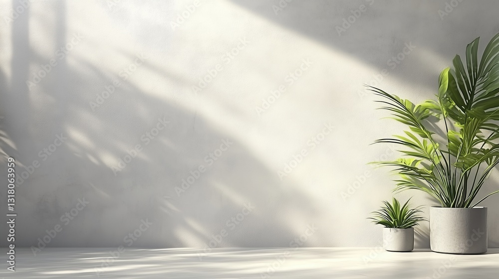 Fototapete Ultra-realistic 3D rendering of a white concrete wall with sunlight and shadow patterns, featuring potted plants as interior decor. Minimalist background with empty copy space at the top, perfect for 