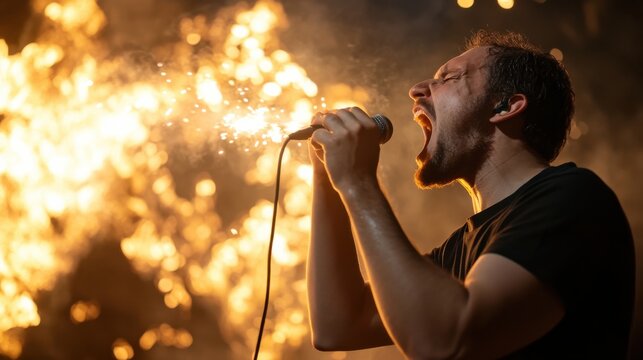 A heavy metal vocalist performing with intense energy and pyrotechnics