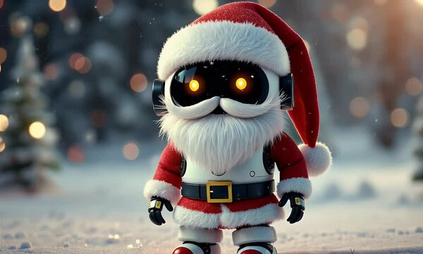 Adorable Robot Santa in Snowy Winter Wonderland