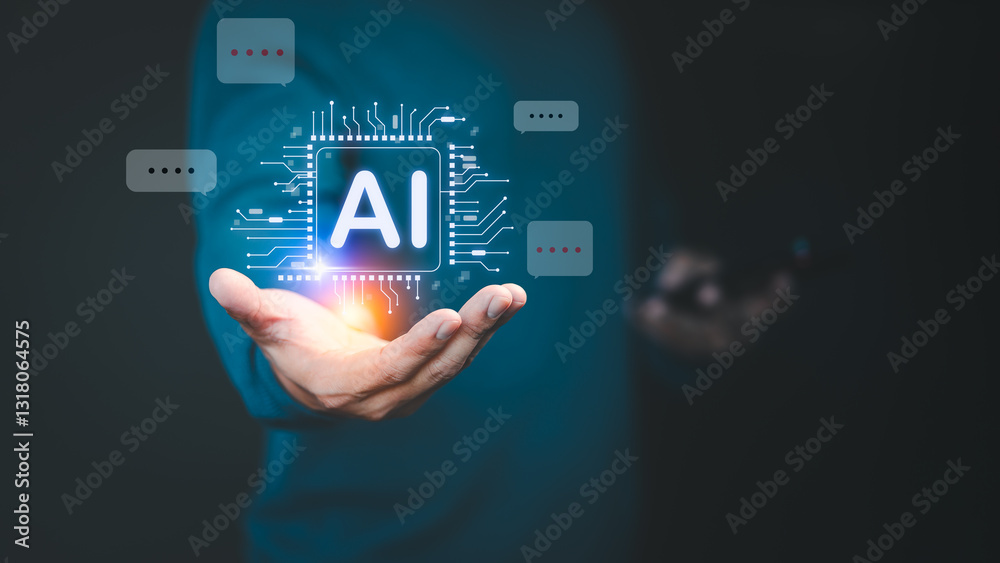 Poster Chat with artificial intelligence on a virtual screen, user show AI application icon for security protection, leveraging AI technology to facilitate smooth global internet connect chatbot conversation