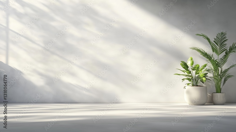 Poster Ultra-realistic 3D rendering of a white concrete wall with sunlight and shadow patterns, featuring potted plants as interior decor. Minimalist background with empty copy space at the top, perfect for 