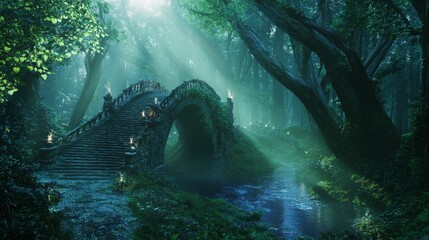 Ethereal Magical Enclave with Enchanting Light in Dreamy Forest