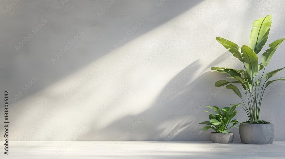 Poster Ultra-realistic 3D rendering of a white concrete wall with sunlight and shadow patterns, featuring potted plants as interior decor. Minimalist background with empty copy space at the top, perfect for 