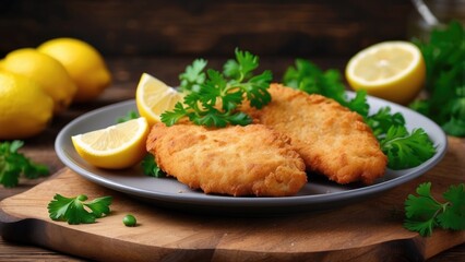 A plate of crispy, golden-brown breaded chicken cutlets garnished with fresh parsley and served with lemon slices.