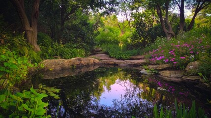 Serene Fairy Dell Surrounded by Lush Greenery and Soft Reflections