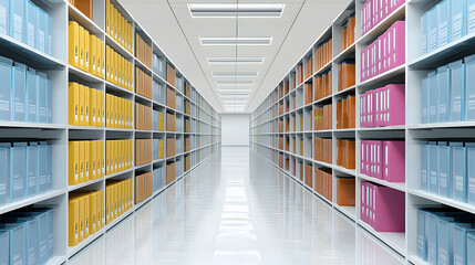 Obraz premium Long Hallway Lined With Full Shelves Of Various Color Files Under Bright Ceiling Lights Perspective View