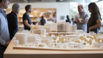 Architects preparing a final presentation with scale models and blueprints for stakeholders.