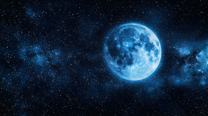Obraz premium Luminous Blue Moon With Numerous Stars And A Nebula In Dark Night Sky