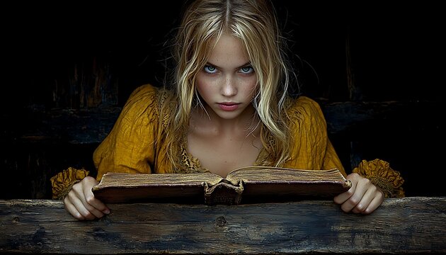 Girl for Ancient Book, Dark Room, Intense Gaze.